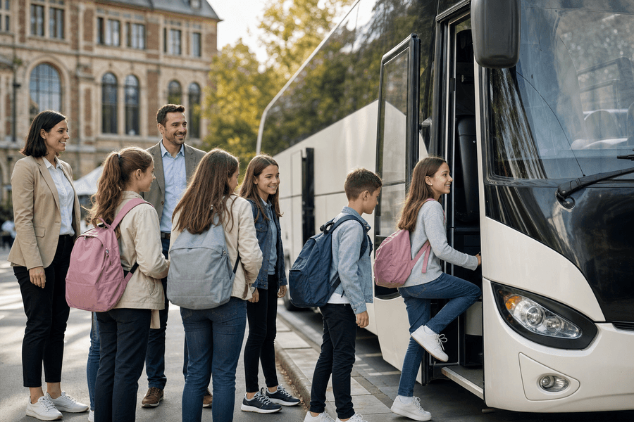 Organiza un viaje escolar en autobús con destino educativo, itinerario planificado y actividades seguras. Fomenta el aprendizaje durante el trayecto.